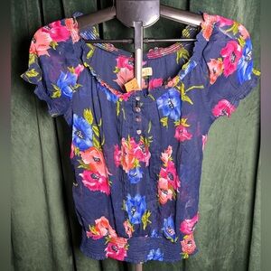 Hollister Navy Sheer Floral Off Shoulder Peasant Top - Pink Blue Small